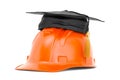 Orange hard hat with graduation hat, 3D rendering