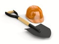 Orange hard hat and shovel on white background. Garden tool. Isolated 3D iillustration Royalty Free Stock Photo