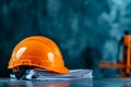 An orange hard hat sitting on top of a pile of papers Royalty Free Stock Photo