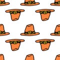 Orange hat PATTERN seamless pattern of pilgrim hat, with yellow buckle. , side view printed in doodle style for autumn