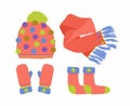 Orange Hat with a Pompom, Scarf, socks and Mitten Set Knitted Seasonal Winter Traditional Accessories with Ornament