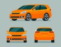 Orange hatchback car three angle set. Car with side, back and front view. Vector flat style illustration