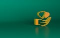 Orange Heart in hand icon isolated on green background. Hand giving love symbol. Valentines day symbol. Minimalism Royalty Free Stock Photo