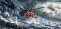 Orange Helicopter Flying Over Stormy Ocean in Fine Art Style