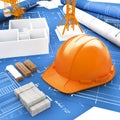 Orange Helmet for Builder and Blueprint Royalty Free Stock Photo