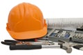 Orange helmet and different tools