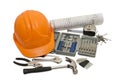 Orange helmet and different tools isolated Royalty Free Stock Photo