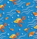 Orange hermit crab and seashells on the waves. Seamless pattern. Royalty Free Stock Photo