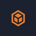 Orange hexagonal logo with a cube inside on a dark background. The cube appears