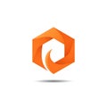 An orange hexagonal logo features a dynamic, swirling design with three curved,