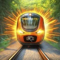 Orange High Speed Train Through Lush Green Forest Royalty Free Stock Photo