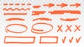 Orange highlighter set - lines, arrows, crosses, check, oval, rectangle isolated on transparent background. Marker pen