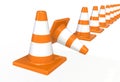 Orange highway traffic construction cones with white stripes isolated on white background