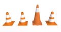 Orange highway traffic construction cones with white stripes isolated