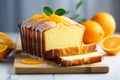 Orange homemade pound cake. Moist loaf with orange zest on bright background. Generative AI Royalty Free Stock Photo