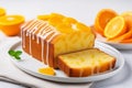 Orange homemade pound cake. Moist loaf with orange zest on bright background. Generative AI