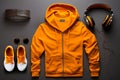 Orange hoodie, sneakers, accessories on a dark background. Top view, flat lay. Athleisure style