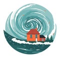 Orange house with red roof engulfed by swirling blue tornado at the sea. Natural disaster scene with whirlwind