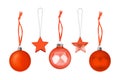 Orange ÃÂ¡hristmas tree decoration set white background isolated closeup, red glass balls, metal stars hanging on ribbon collection Royalty Free Stock Photo