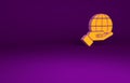 Orange Human hand holding Earth globe icon isolated on purple background. Save earth concept. Minimalism concept. 3d