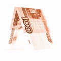 Orange hundred rubles folded in half, russian roubles isolated white