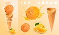 Orange ice cream. explosion of orange juice and ice cream ball with cone and orange segments photography on colored background. Royalty Free Stock Photo