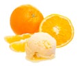 Orange ice cream scoop in front of whole orange and a slice of orange isolated on white background Royalty Free Stock Photo