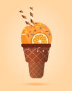 Orange ice cream with wafer rolls in waffle cup, dairy product. Ice cream scoop image in flat style. Vector illustration Royalty Free Stock Photo