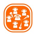 Orange icon with many people with microphones and a telephone set