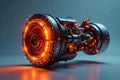Orange illuminated engine, complex internal mechanisms, high tech aesthetic , design, hardware, red