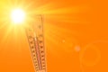 Orange illustration representing the hot summer sun and the environmental thermometer that marks a temperature of 45 degrees