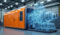 Orange industrial factory equipment with simulated augmented reality wireframe. Automated data analysis optimizes factory