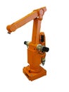 Orange industrial robot manipulator hand on white backg