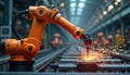 Orange industrial robot works automatically in factory. Robot arm performs precise welding operation. Sparks fly. Modern