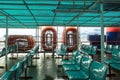 Orange inflatable lifeboats on ferry deck for emergencies and maritime accidents. Rescue boat, raft on the roof of a ferry.  Life Royalty Free Stock Photo