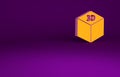 Orange Isometric cube icon isolated on purple background. Geometric cubes solid icon. 3D square sign. Box symbol