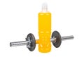 Orange isotonic drinks in bottle with iron dumbbell isolated Royalty Free Stock Photo