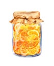 Orange jam - glass jar with citrus slices. Watercolor food