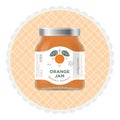 Orange jam label and packaging. The flat original illustration and texts on the minimalist label on the jar.