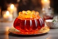 Orange jelly on a plate with bokeh lights in the background. Sweet fruit dessert. For use in food blogs, catering Royalty Free Stock Photo