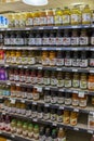 Orange juice, apple juice and assorted juices on a shelf at a market in Atlanta Georgia