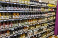 Orange juice, apple juice and assorted juices on a shelf at a market in Atlanta Georgia