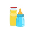 Orange Juice And Baby Bottle Supplemental Baby Food Products Allowed For First Complementary Feeding Of Small Child Royalty Free Stock Photo