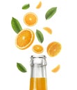 Orange juice bottle and Falling juicy oranges with green leaves isolated on transparent background. Flying defocusing slices of