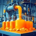 Orange juice bottling process on the futuristic production line, conceptual illustration