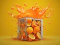 Orange juice box splashing orange juice with orange. Generative AI Royalty Free Stock Photo