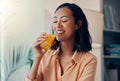 Orange juice, drink and happy black woman relax while drinking health liquid or organic fruit beverage. Happiness, smile Royalty Free Stock Photo