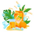 Orange juice fruit packaging vector illustration, cartoon flat fresh cold orange juicy drink in glass, package of sweet Royalty Free Stock Photo