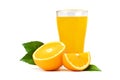 orange  juice in glass with fruit and green leaf isolate on white background Royalty Free Stock Photo