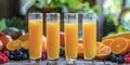 Orange juice in a glass glass, fruits and berries in the background. Royalty Free Stock Photo